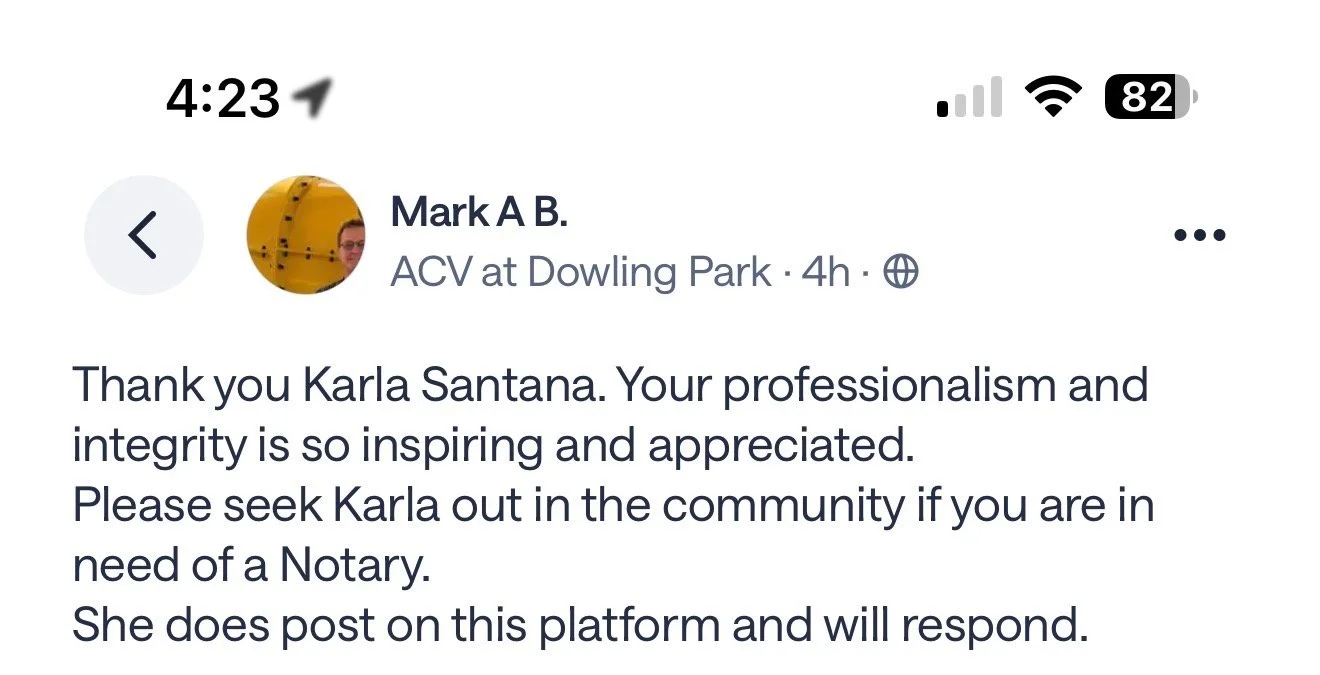 Screenshot of a Facebook post thanking Karla Santana for her professionalism and integrity, encouraging community members to seek her out for notary services.