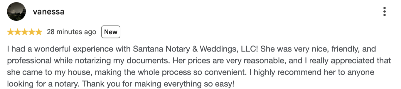 Screenshot of a Google review by Vanessa about Santana Notary & Weddings, LLC, praising the notary's friendliness and professionalism.