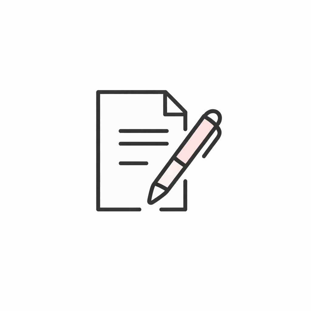 Simple illustration of a document and a pen, suggesting writing or signing.