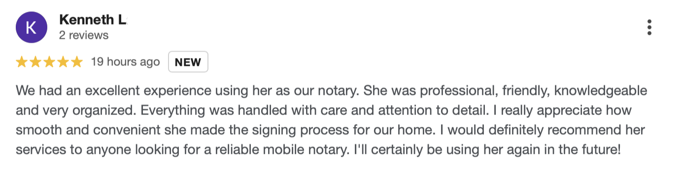 Google review for a notary service, five-star rating, written by Kenneth L., praising the professionalism, friendliness, organization, and convenience of the notary, recommending her services for her reliability and future use.