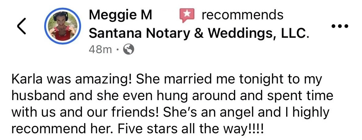 Facebook review recommending Karla for her wedding officiant services, praising her kindness and professionalism.