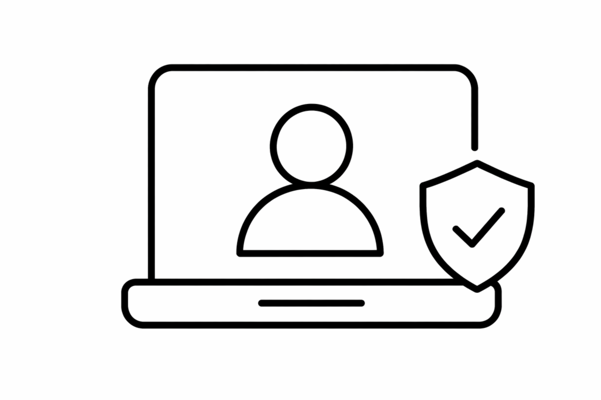 Laptop screen displaying a user icon with a shield and check mark indicating security or verified account.