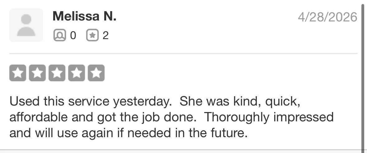 Online customer review with a five-star rating, dated 4/28/2026, praising a service for being kind, quick, affordable, and effective.