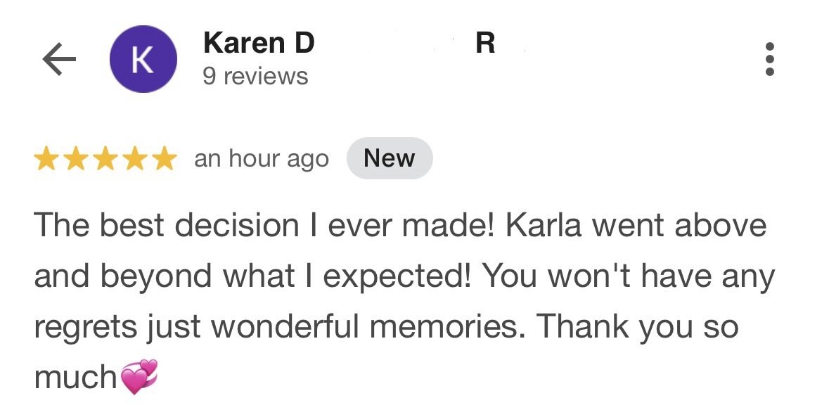Screenshot of a positive customer review for a service, praising Karla for exceeding expectations and creating wonderful memories, with a pink heart emoji.