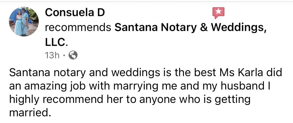 Screenshot of a Facebook review recommending Santana Notary & Weddigs LLC, with a person in a blue dress in the profile picture.