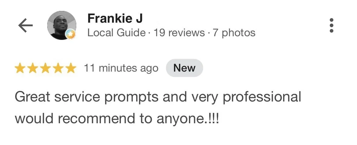 Screenshot of a Google review for Frankie J, a local guide, with a 5-star rating and positive feedback on service quality and professionalism.