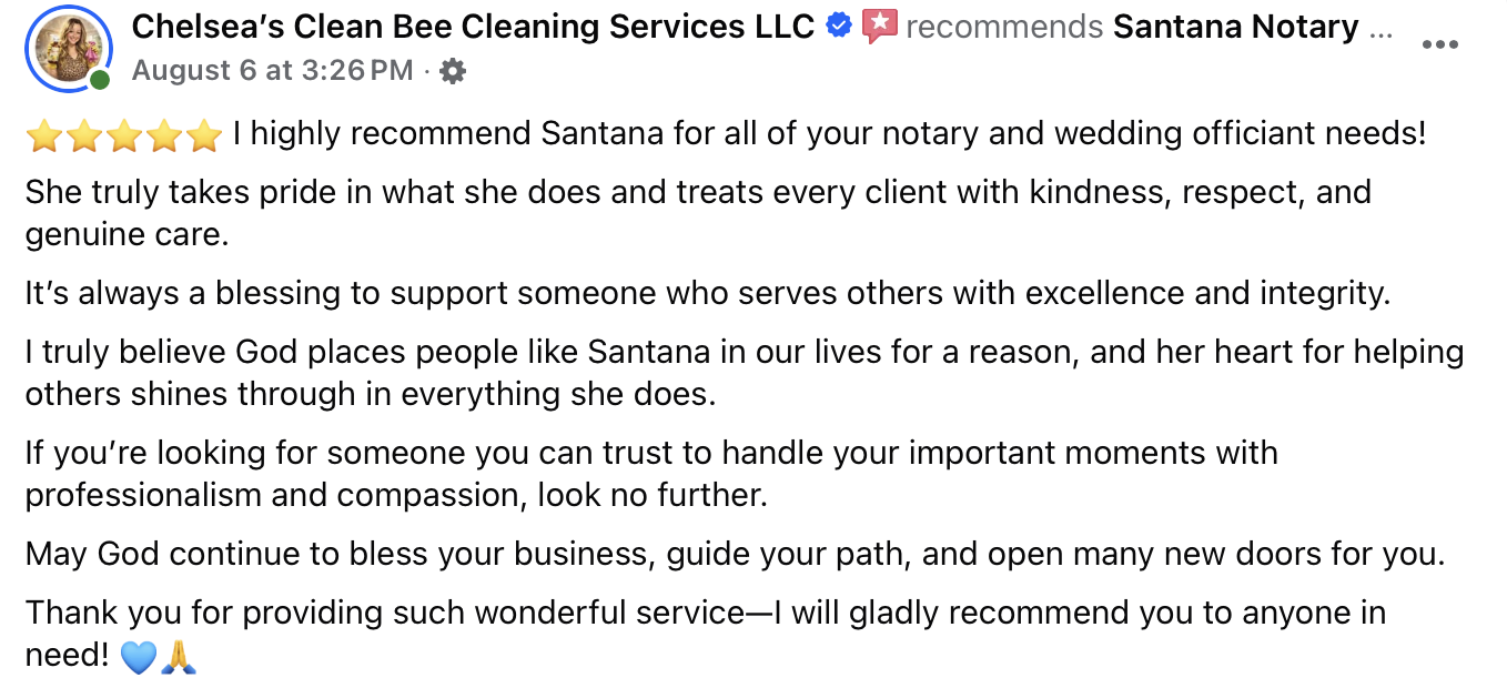 Facebook review praising Santana for notary and wedding officiant services, featuring five star emojis, blue heart, and folded hands emojis.