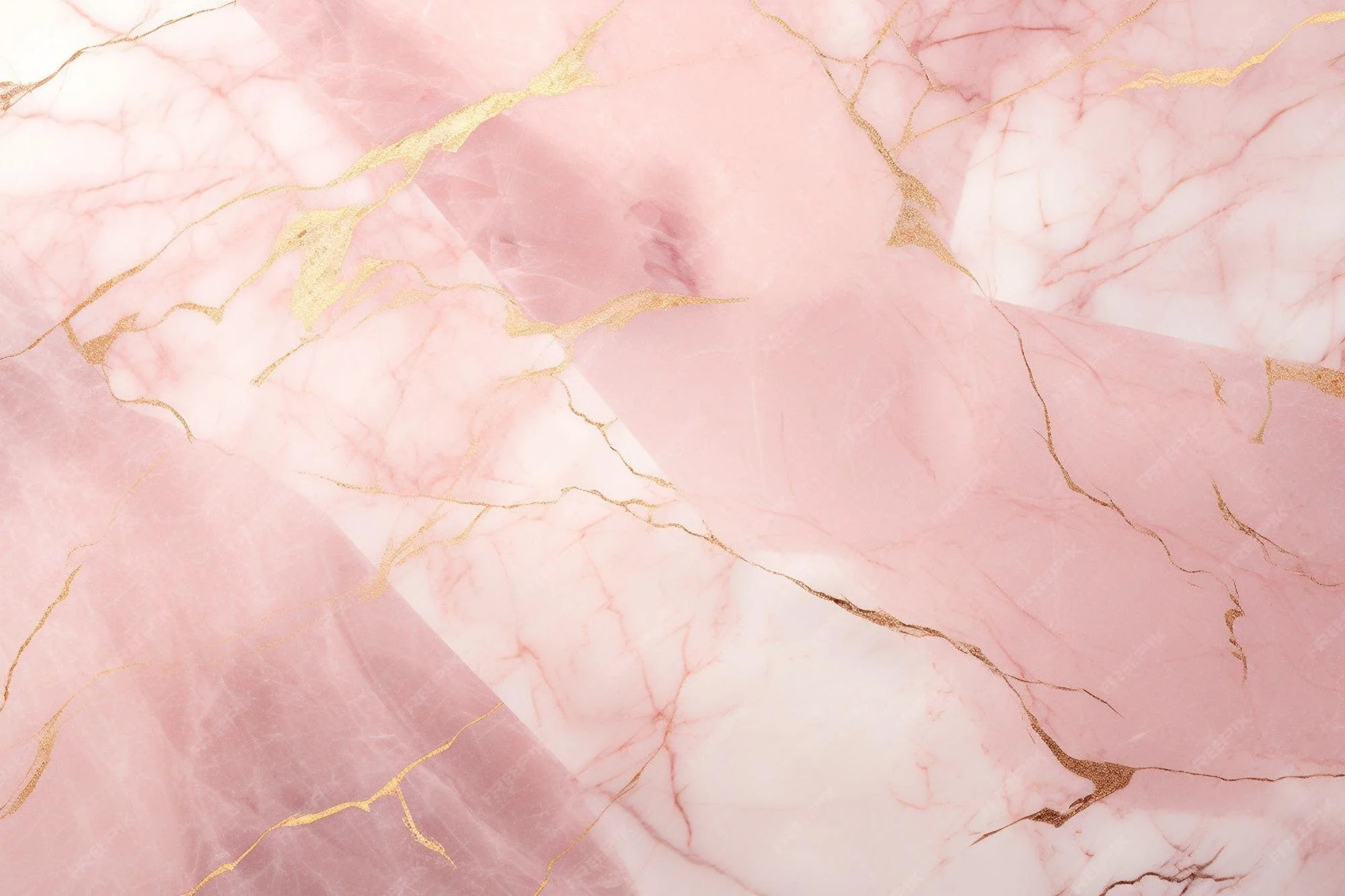 Close-up of pink marble surface with gold veining.