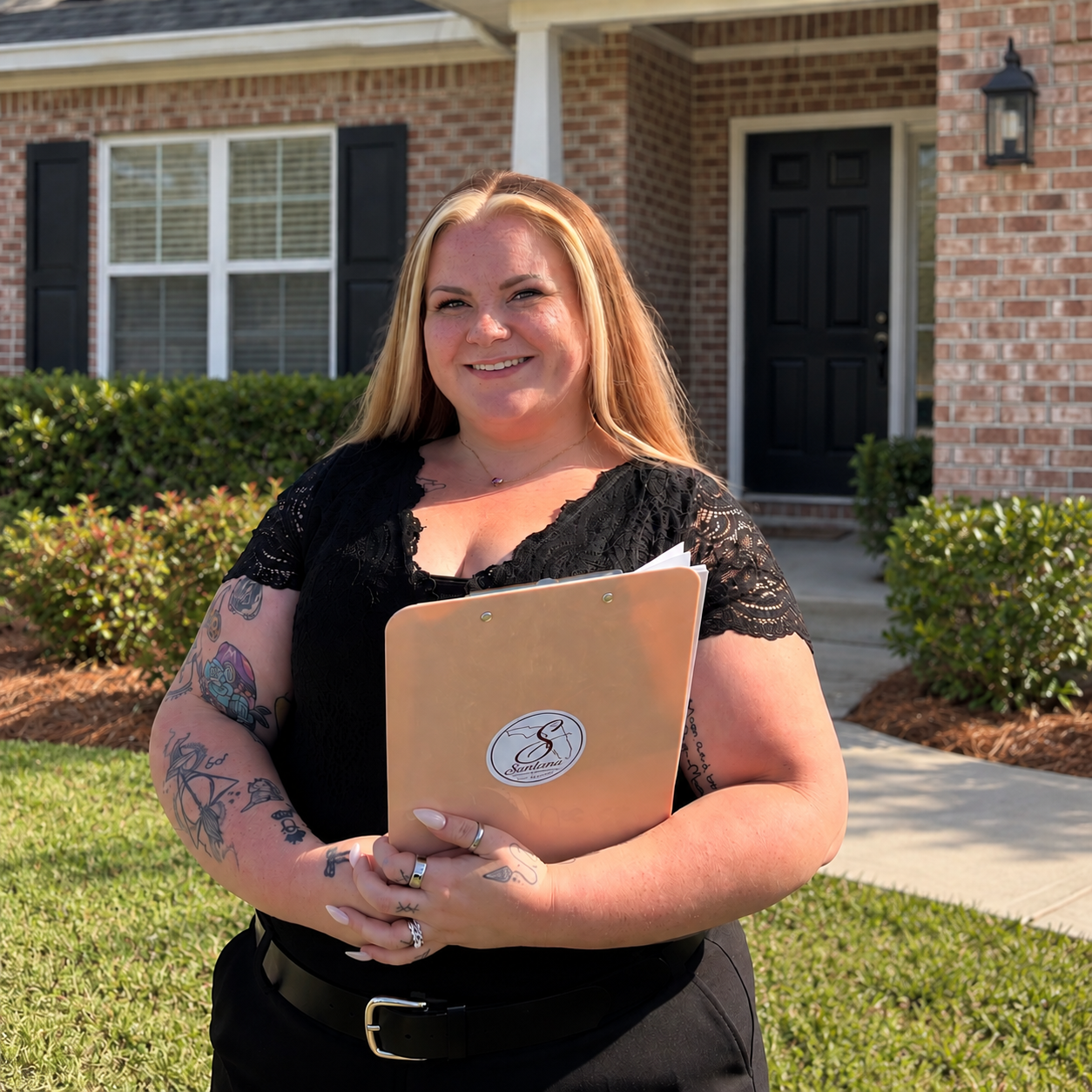 A smiling woman with tattoos on her arms, wearing a black lace top, standing outside a brick house holding a clipboard with a Santana Notary & Weddings, LLC logo on it.