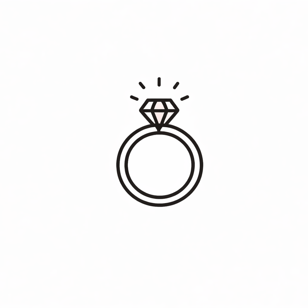 Simple black outline drawing of a diamond engagement ring with a large gemstone.