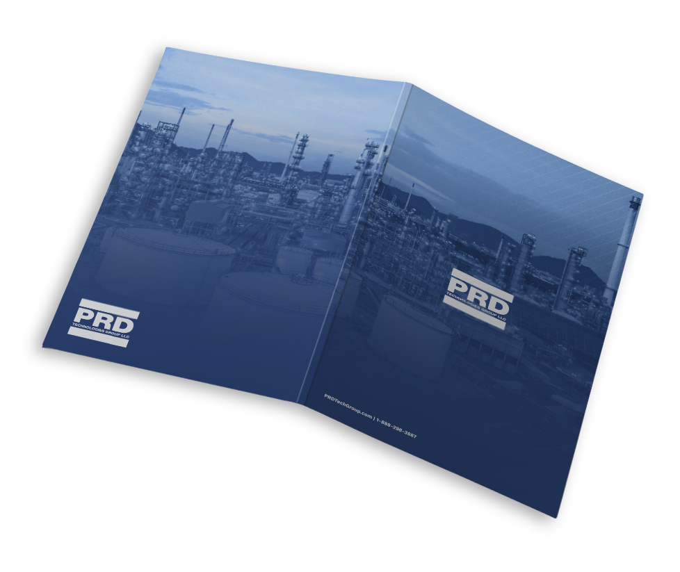 Open brochure with industrial plant images and 'PRD' logo on blue background.