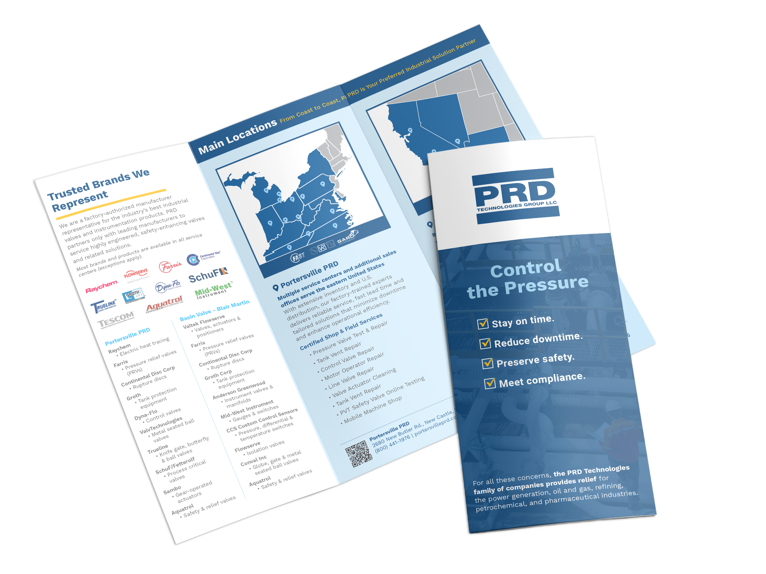 A brochure for PRD Technologies Group LLC featuring maps of main locations in the United States, a list of trusted brands, and various service descriptions.