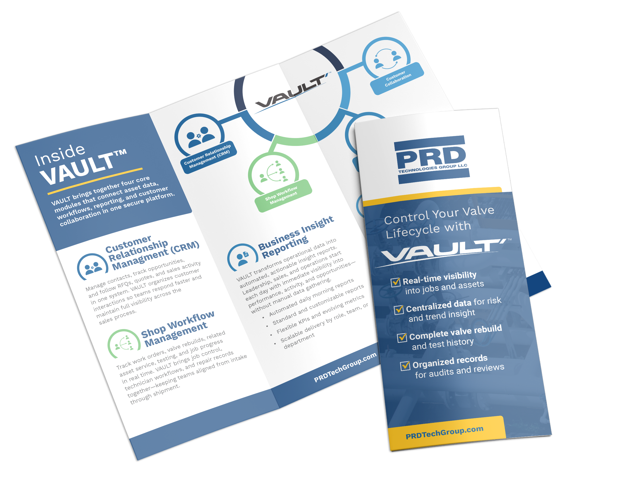 Brochure for Vault software by PRD Technologies Group LLC, highlighting features like real-time visibility into job assets, risk data analysis, valve rebuild tracking, and organized records for audits.