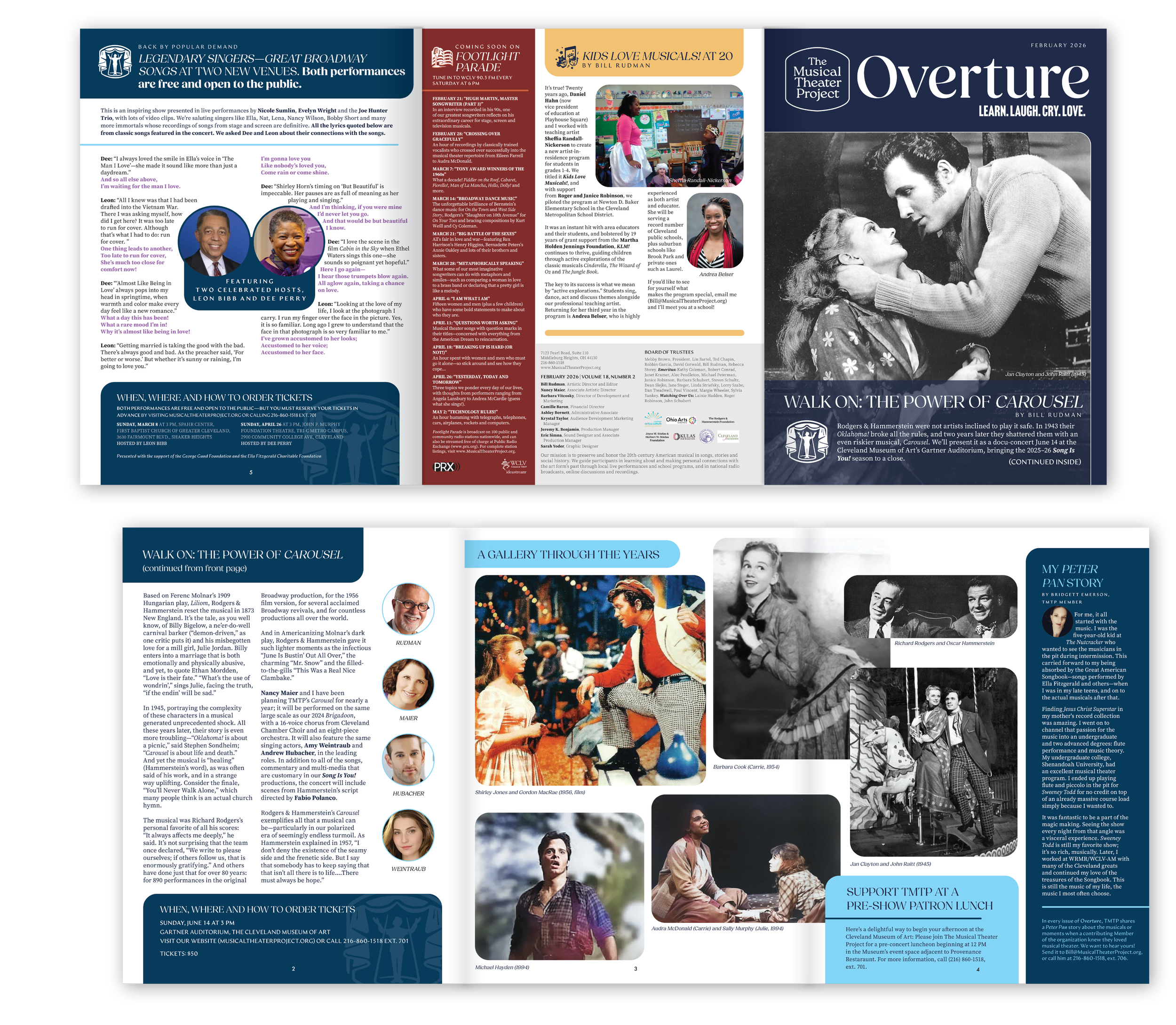The image shows a multi-page brochure or program for a theatrical production of "Overture" by Bill Rudman, featuring Cast and crew photos, event details, and descriptions of performances and history, with a color scheme of blue, white, and red accents.