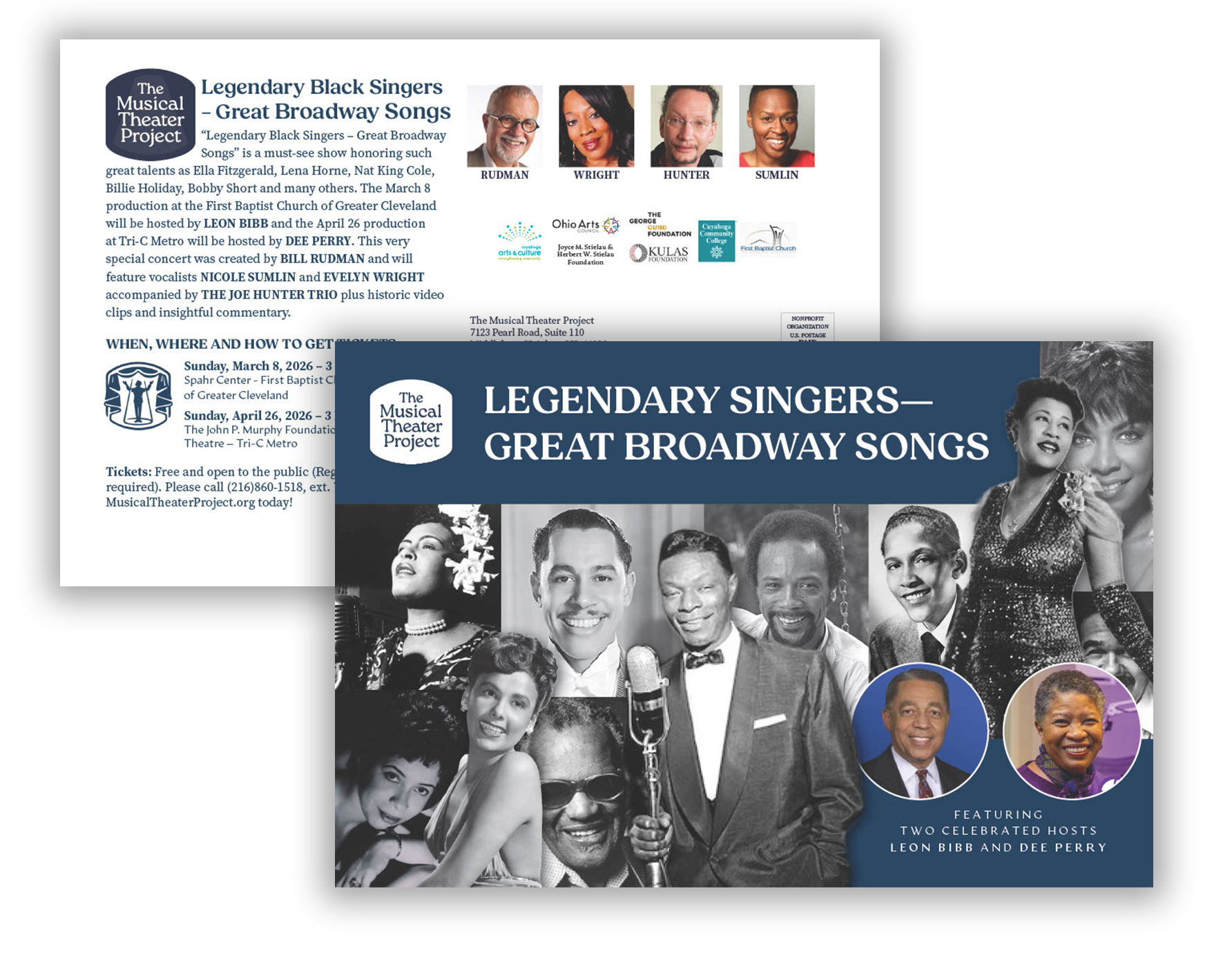 Flyer for the musical theater project titled "Legendary Singers—Great Broadway Songs" features black and white photos of diverse legendary African American vocalists and musicians, including Ella Fitzgerald, Lena Horne, Nat King Cole, Billie Holiday, Bobby Short, Nicole Sumlin, Evelyn Wright, and the Joe Hunter Trio. The event is scheduled for March 8, 2026, at the Spahr Center, with additional details about performances and ticket information.
