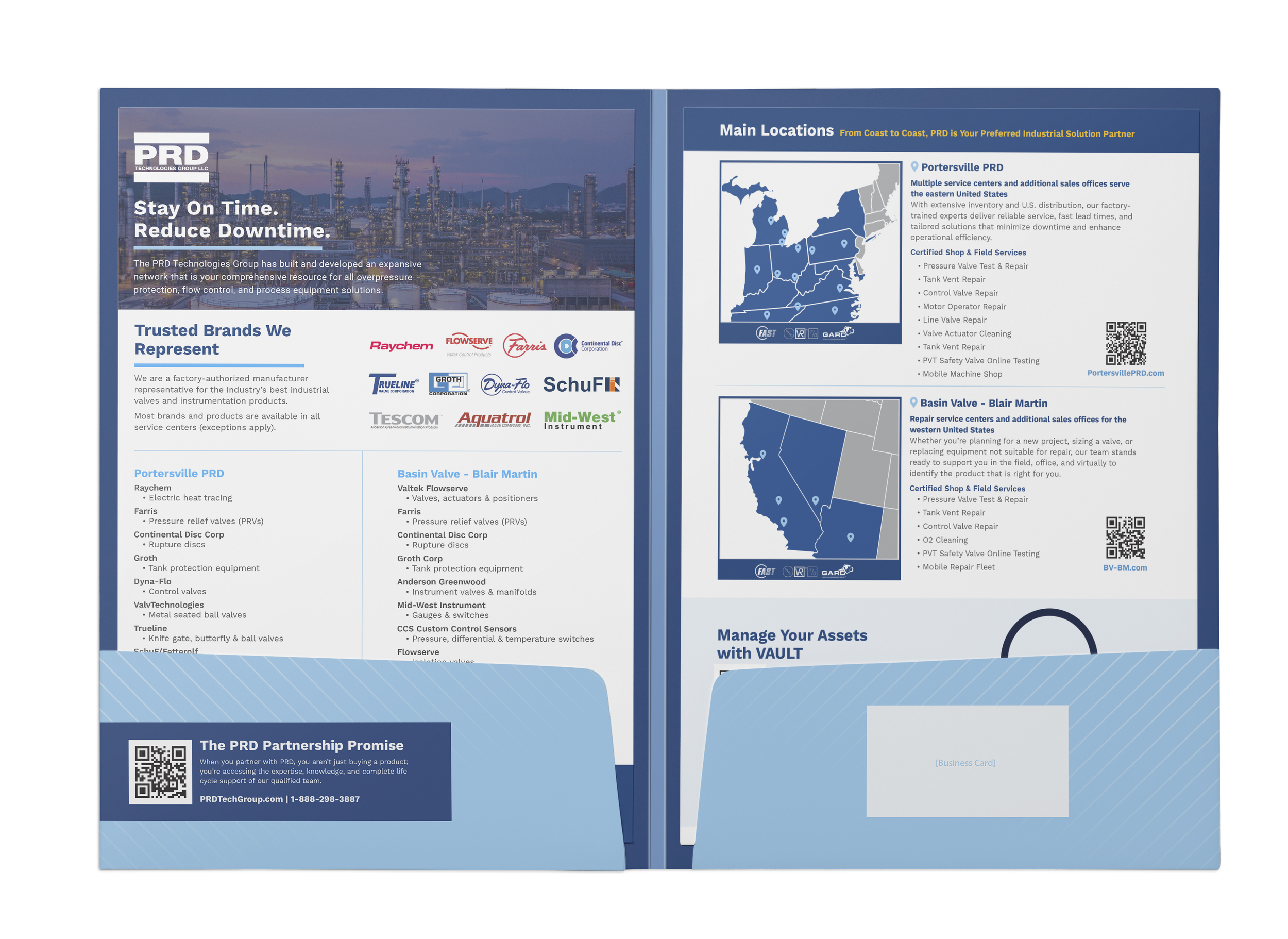 A double-sided informative brochure for PRD Technologies Group LLC featuring a cityscape background, maps of main locations in the United States, logos of trusted brands, and various service descriptions related to valve and industrial solutions.