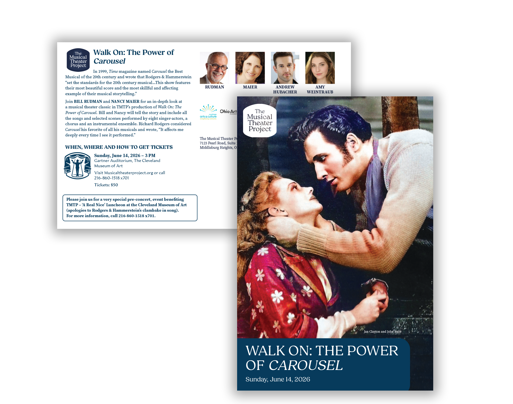A flyer for a theatrical production of 'Walk On: The Power of Carousel' showing a scene from the musical with a man and woman gazing into each other's eyes near a tree, with text about the event details and photos of cast members.