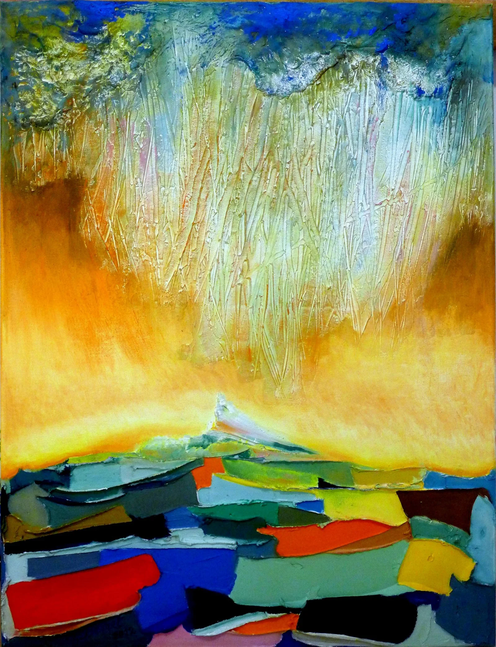 Une peinture abstraite avec des couleurs vives représentant un paysage avec un ciel bleu, des nuages, une ligne d'horizon, des champs en jaune et vert, et des formes colorées dans la partie inférieure.