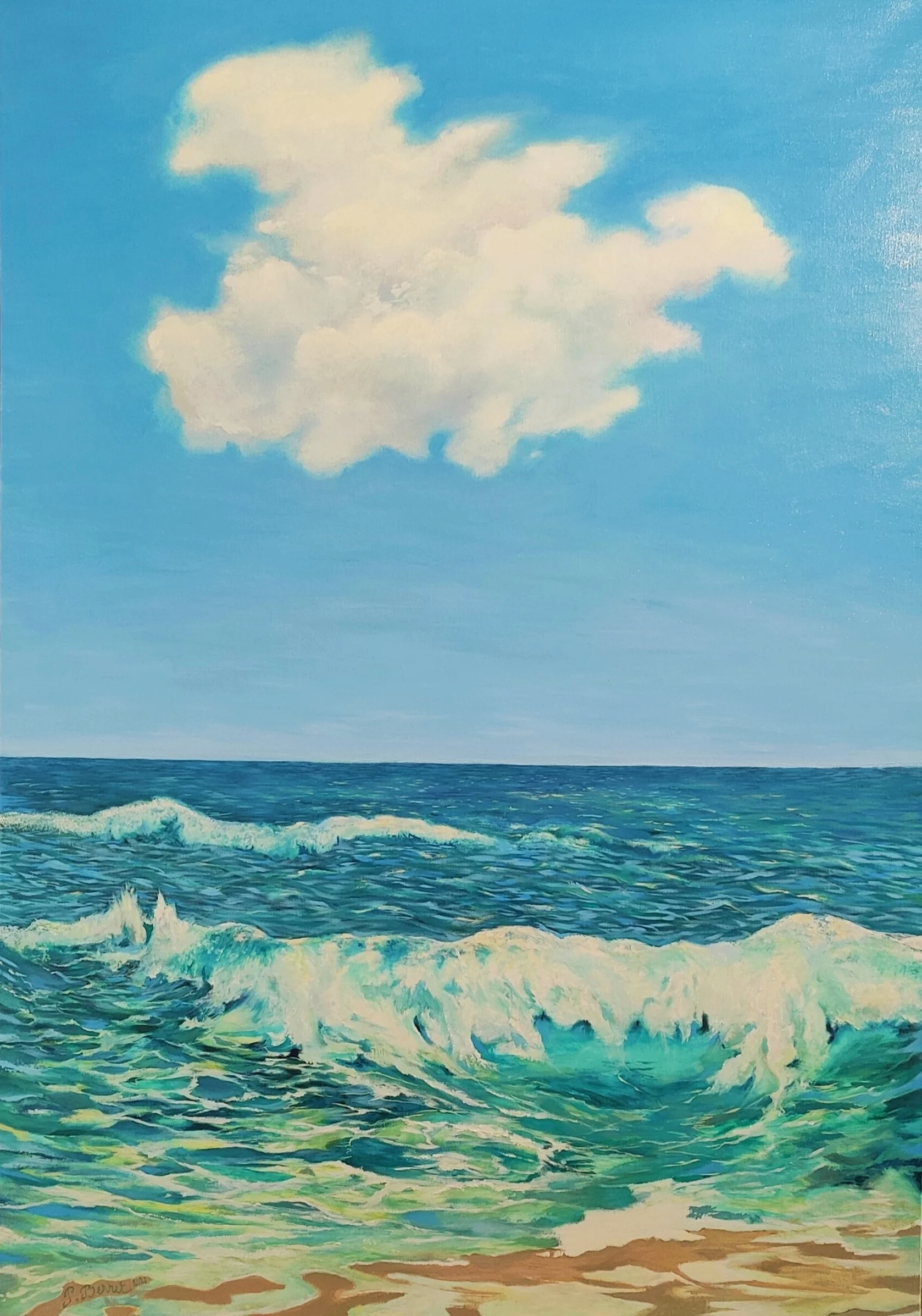 Peinture représentant une mer avec des vagues sous un ciel bleu avec quelques nuages blancs.