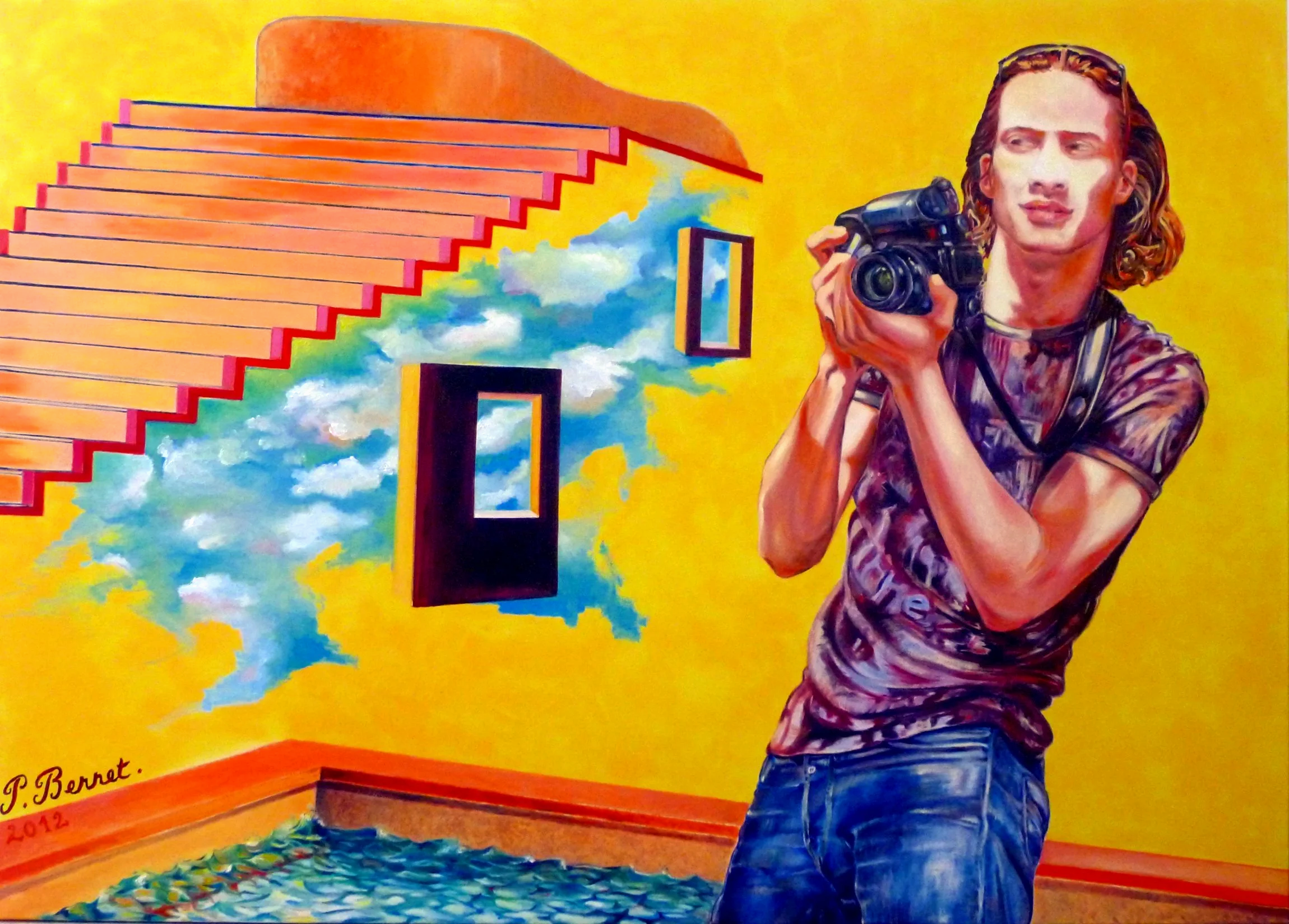Peinture colorée représentant un homme avec un appareil photo, une échelle en arrière-plan et un ciel bleu vif, fond jaune