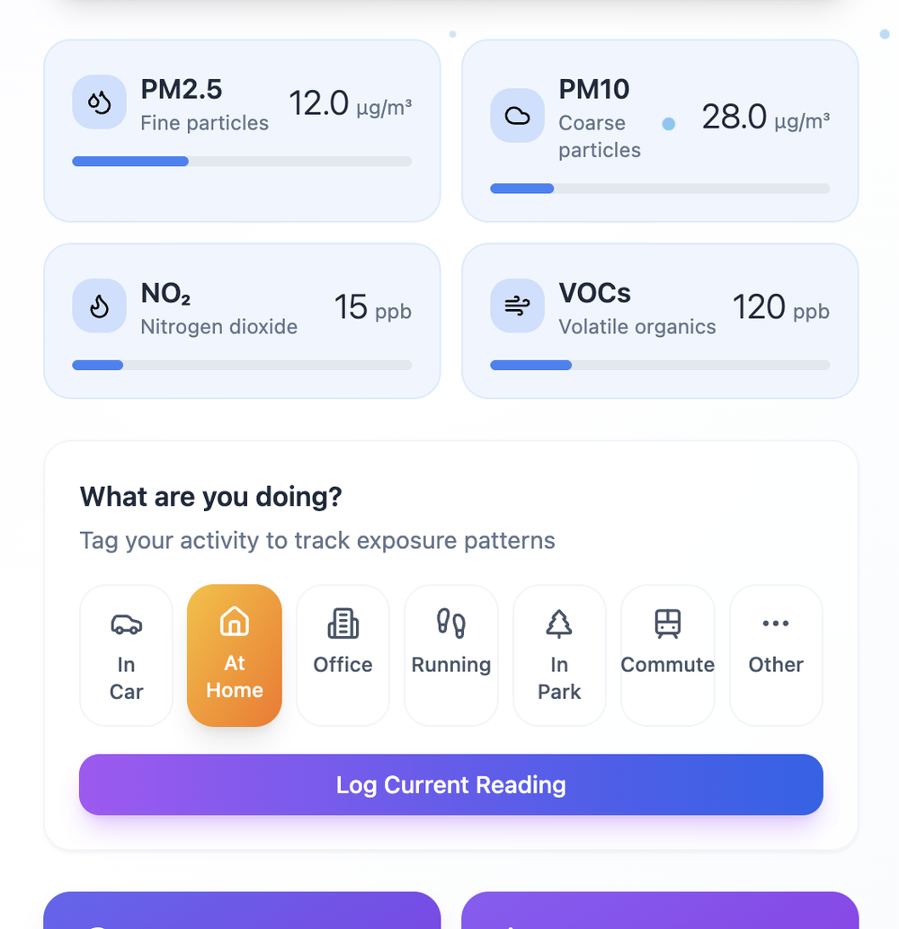 Skyly app showing PM2.5, PM10, NO2 and VOC readings and activity tagging