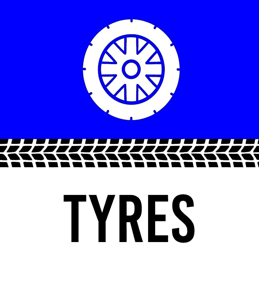 A tire and wheel illustration with the word 'TYRES' underneath.