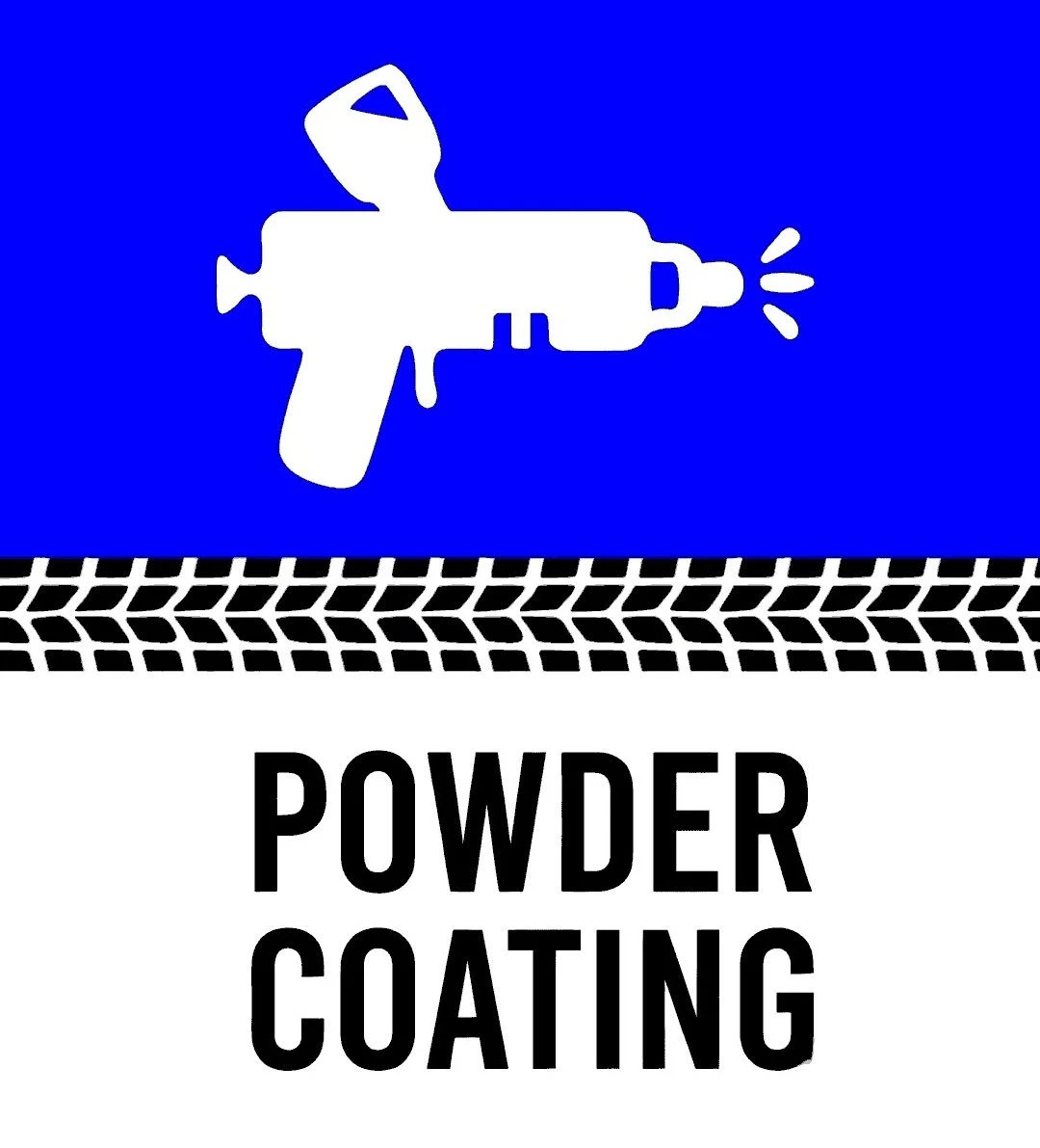 A safety sign with a blue background that features a white silhouette of a paint spray gun with paint dripping from it and spray lines coming out of the tip. Below, there is a black and white tire tread pattern with the words "POWDER COATING" in bold black letters.