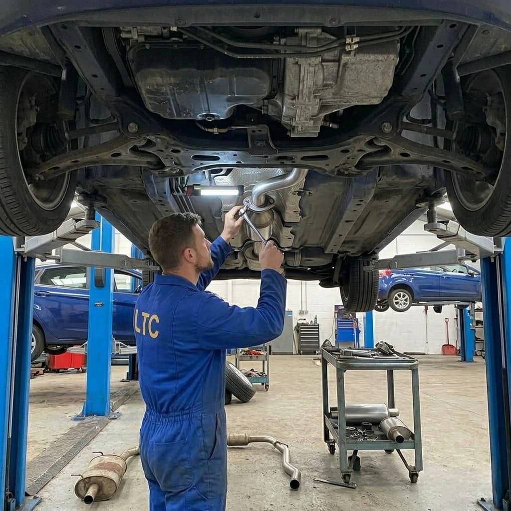 A mechanic working underneath a car lifted on a hydraulic lift in an auto repair shop.