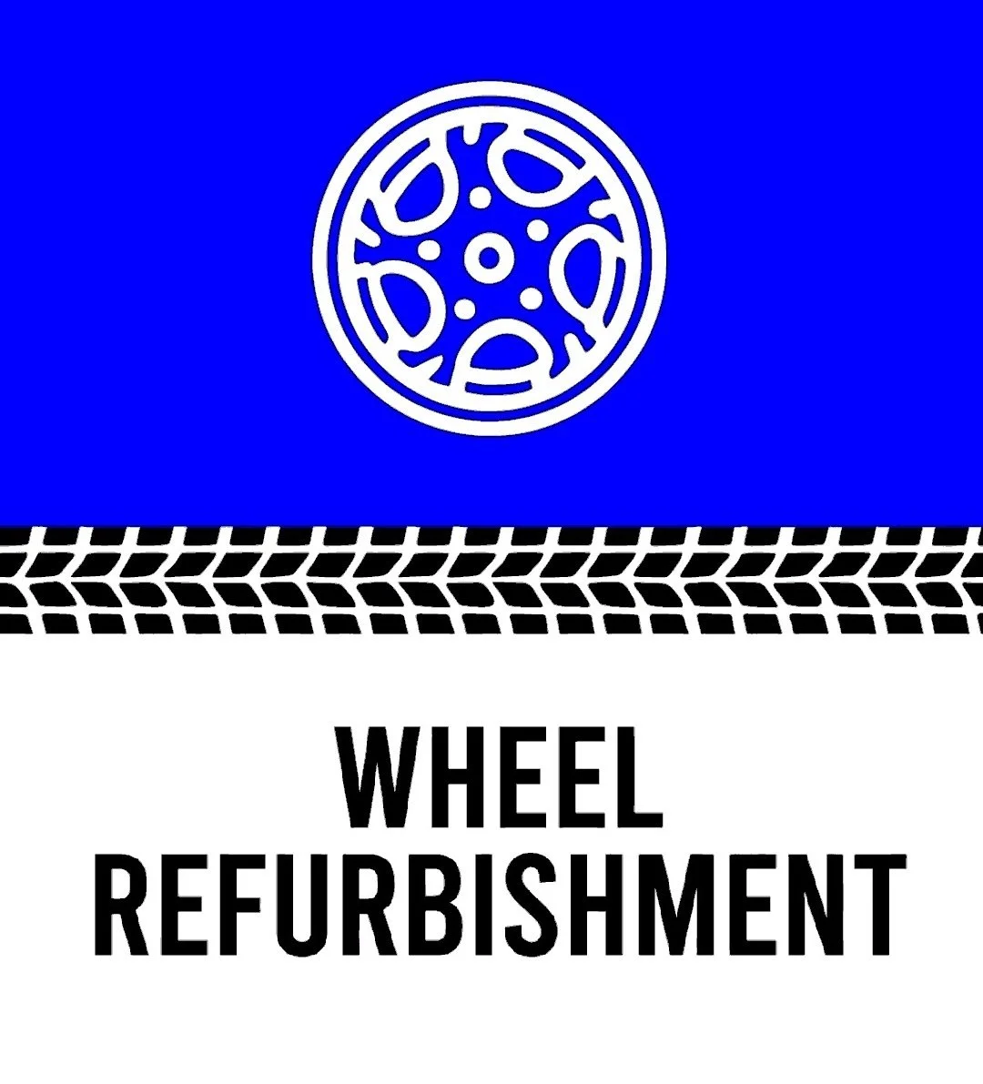 Design for a tire wheel refurbishment service, with a blue background, a white wheel logo, tire tread pattern, and the text 'WHEEL REFURBISHMENT' in bold black letters.