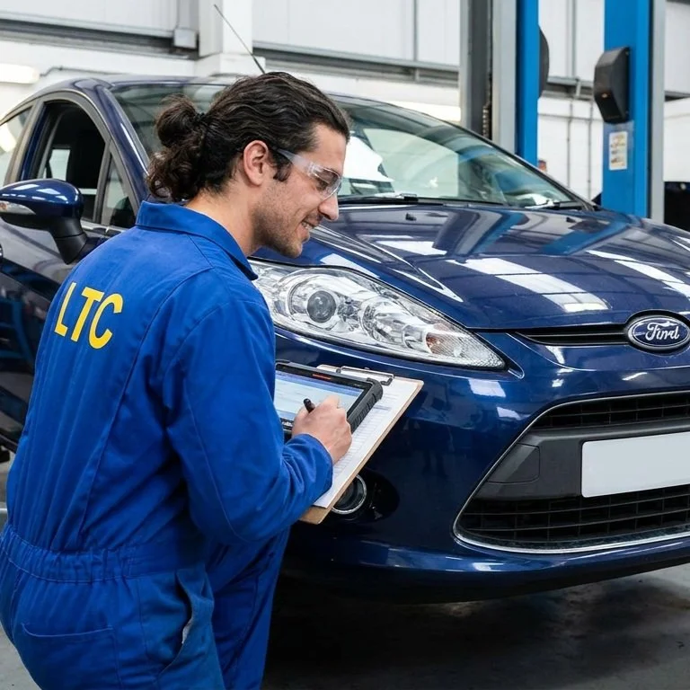A mechanic with 'LTC' on his blue jumpsuit inspecting a blue Ford car in a garage, writing on a clipboard.