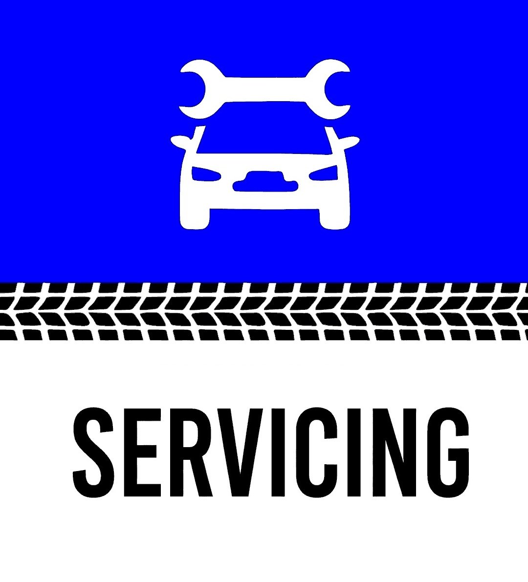 Car service sign with a blue background, white car logo, wrench on top, tire track design, and the word 'SERVICING' in bold black letters.
