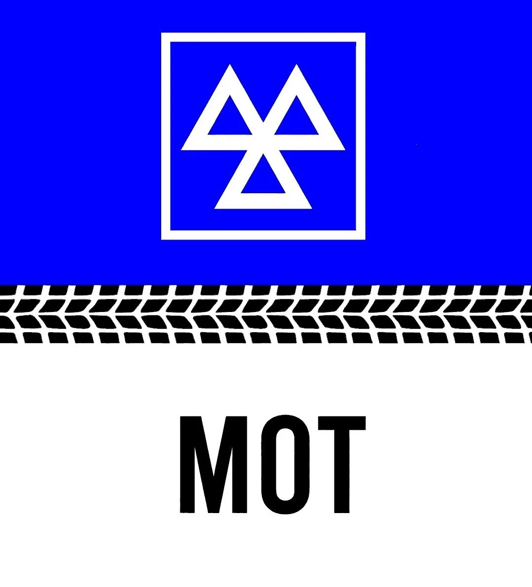 A blue background with a white symbolic logo above a tire tread pattern and the black text 'MOT'.