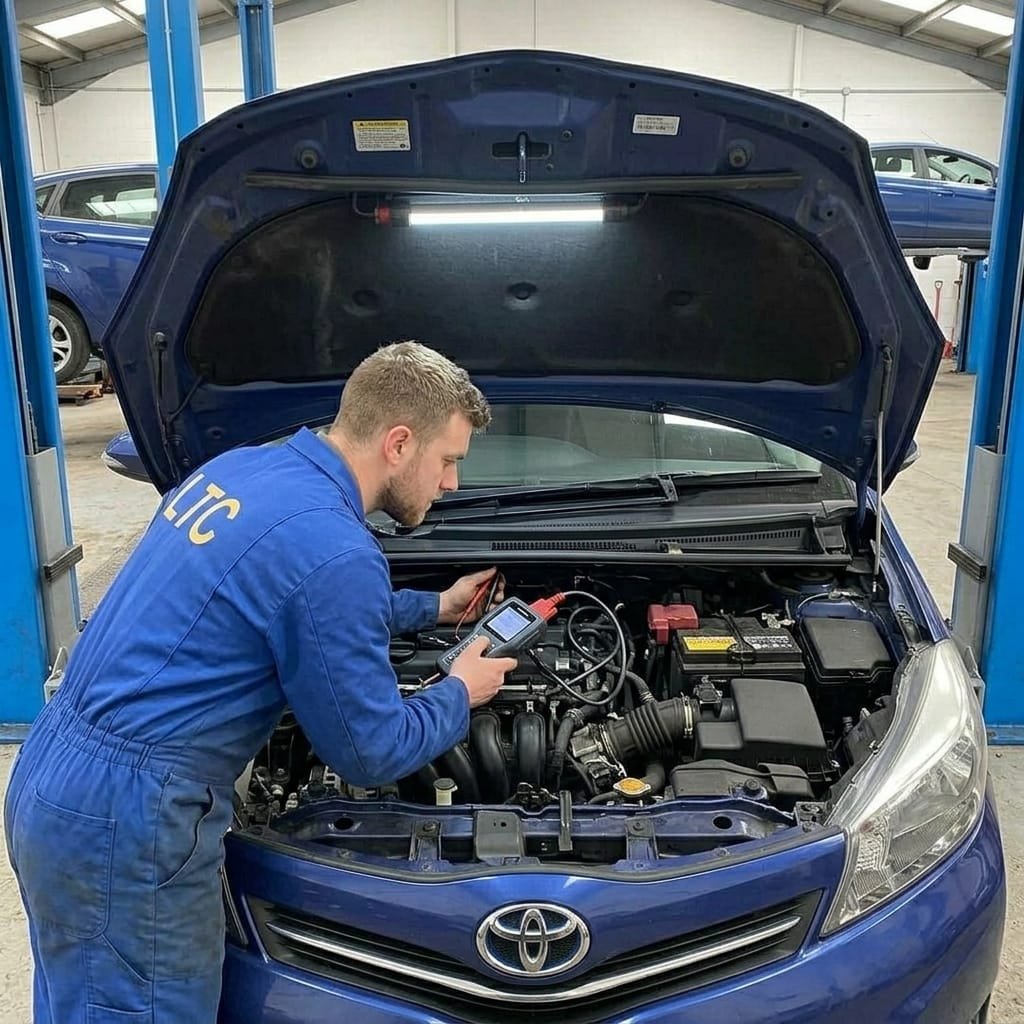 A mechanic wearing a blue jumpsuit labeled 'LITC' examining a car engine with a testing device in a garage. The car's hood is open, and the garage has bluish support beams.