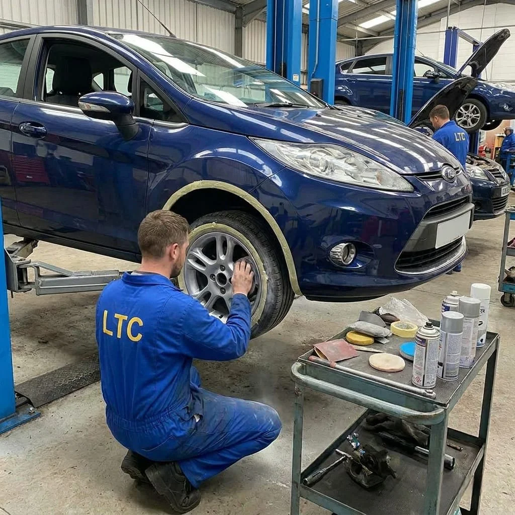 A mechanic working on a blue car in an auto repair shop, with the car lifted and the mechanic inspecting the wheel.