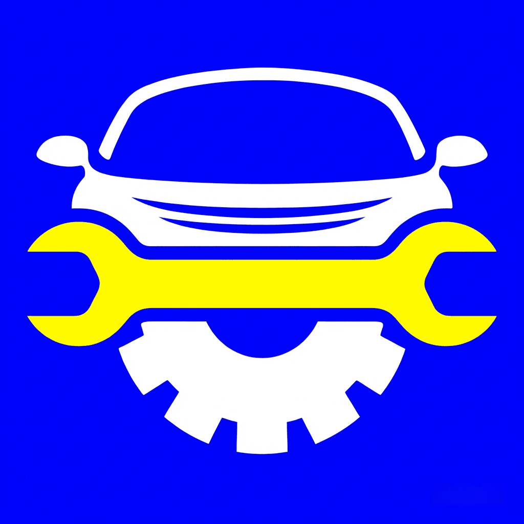An icon of a car with a wrench and a gear behind it, set against a blue background.