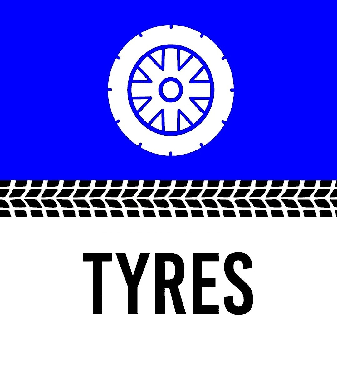 Tire shop sign with a tire and wheel graphic at the top and the word 'TYRES' below.