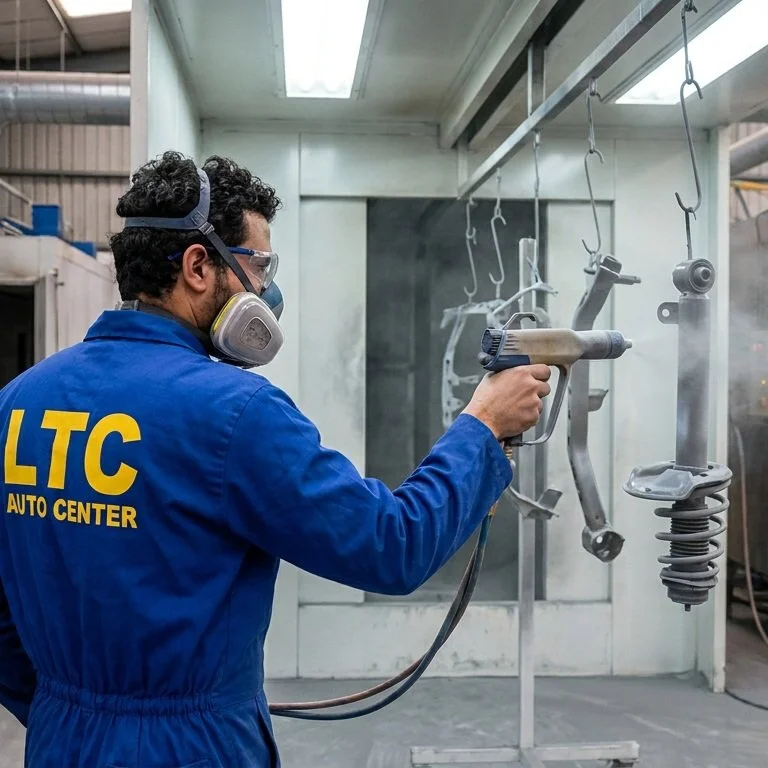 Auto repair technician wearing safety goggles and mask, using a spray gun to paint brake parts at an auto repair shop.