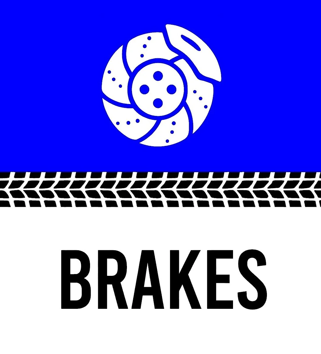 A sign with a blue background, a white icon of a brake disc at the top, a black tire tread pattern in the middle, and the word "BRAKES" in bold black letters at the bottom.