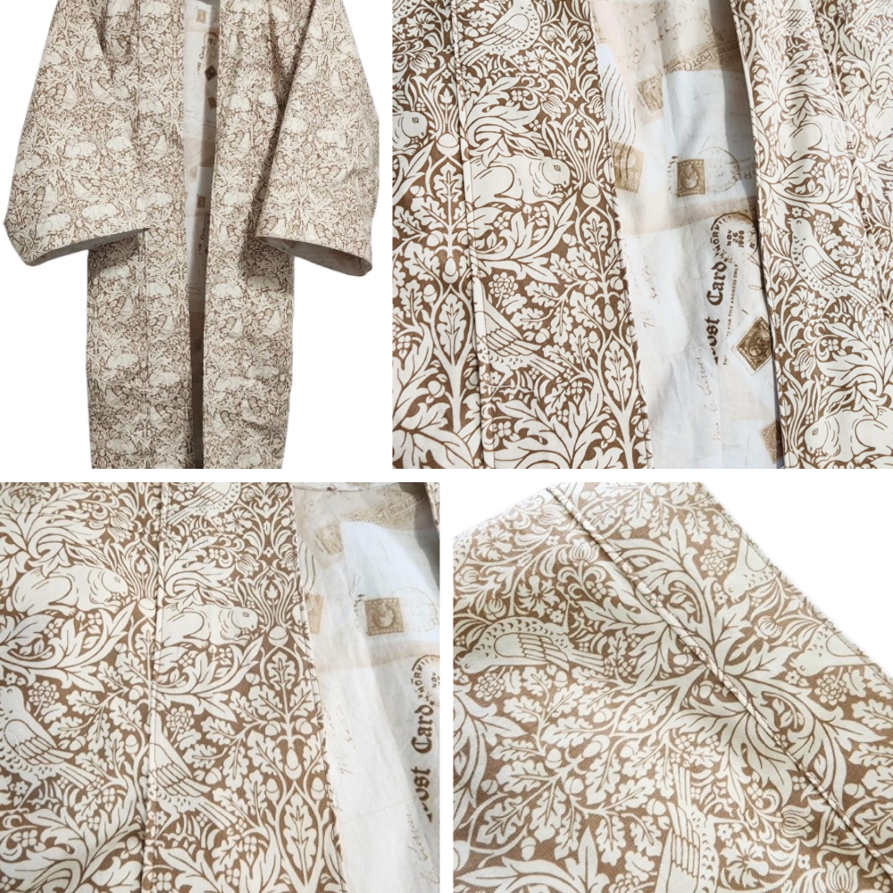 A beige and brown patterned kimono with intricate floral and animal designs, including birds, rabbits, and other wildlife, displayed in four different shots showing the front, inside, and fabric details.