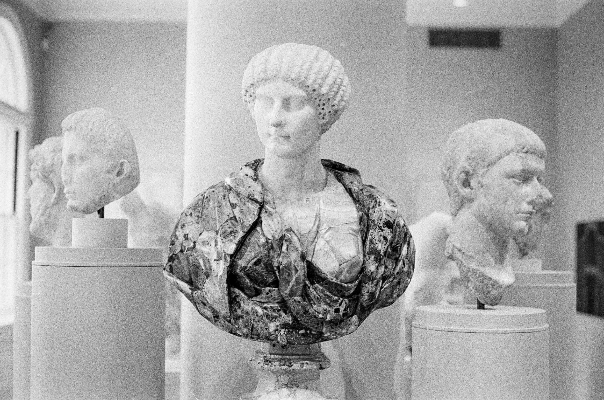 Black-and-white photo of marble busts on display, including a central bust of a woman with an elaborate hairstyle, surrounded by other busts of men and women in a museum setting.