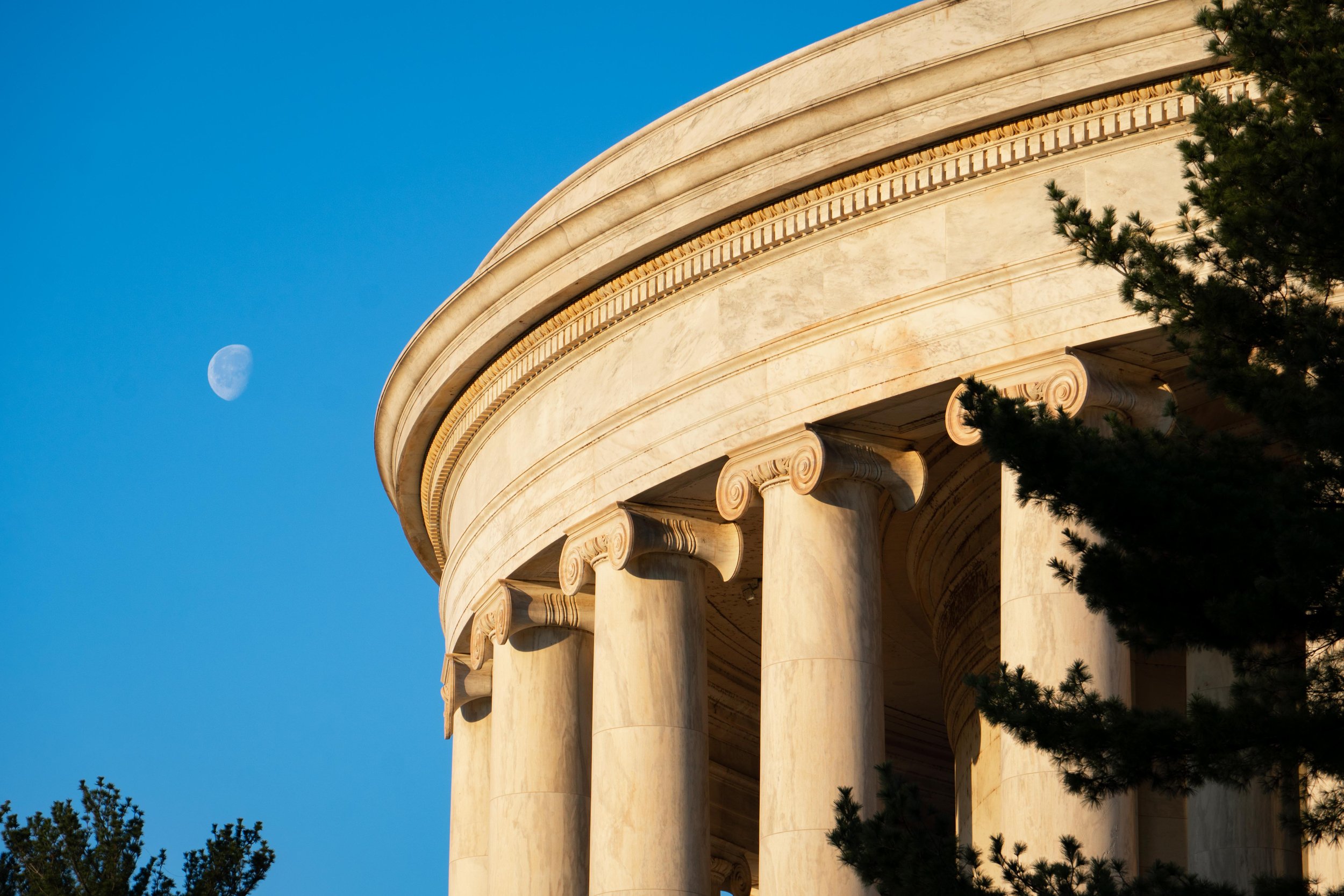 Close-up of the white marble dome of the Jefferson Memorial under a clear blue sky with a visible moon and dark green trees around its base.