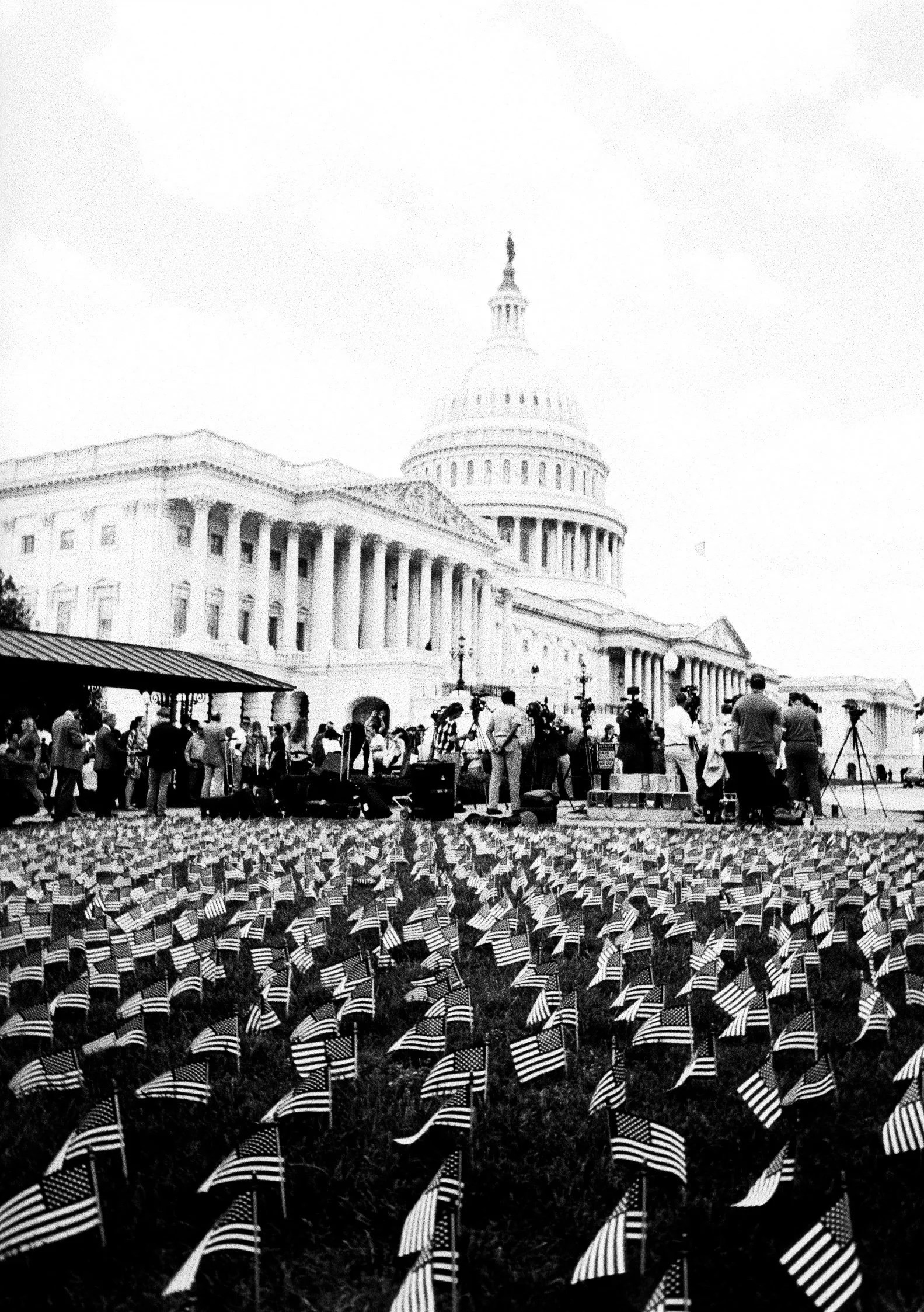 Protest outside the US Capitol building with a large crowd holding American flags and banners. News cameras and media members present, with the Capitol's dome prominently in the background.