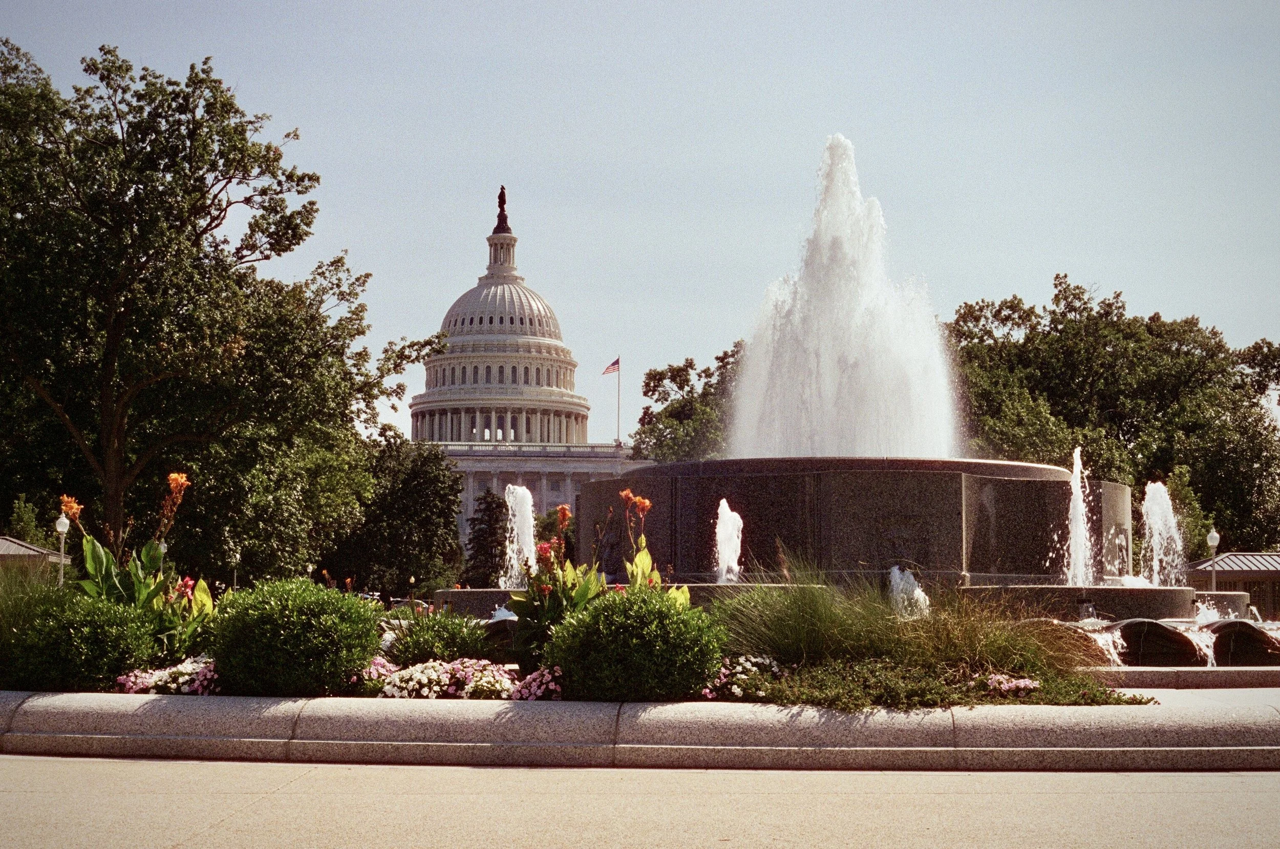 U.S. Capitol building with a fountain in front, surrounded by trees and colorful flowers, under a clear sky.