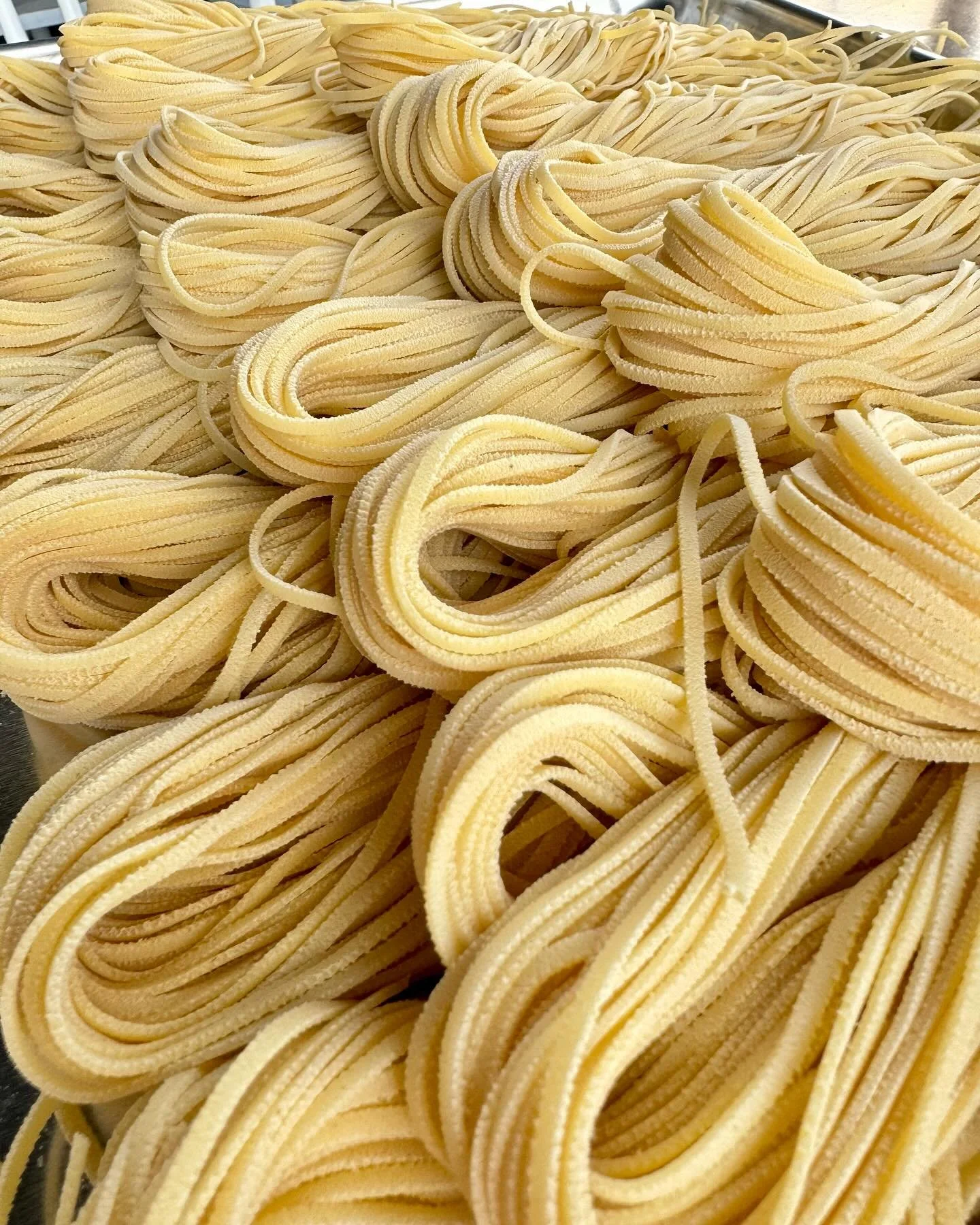Multiple uncooked spaghetti noodles arranged in overlapping rows on a flat surface.
