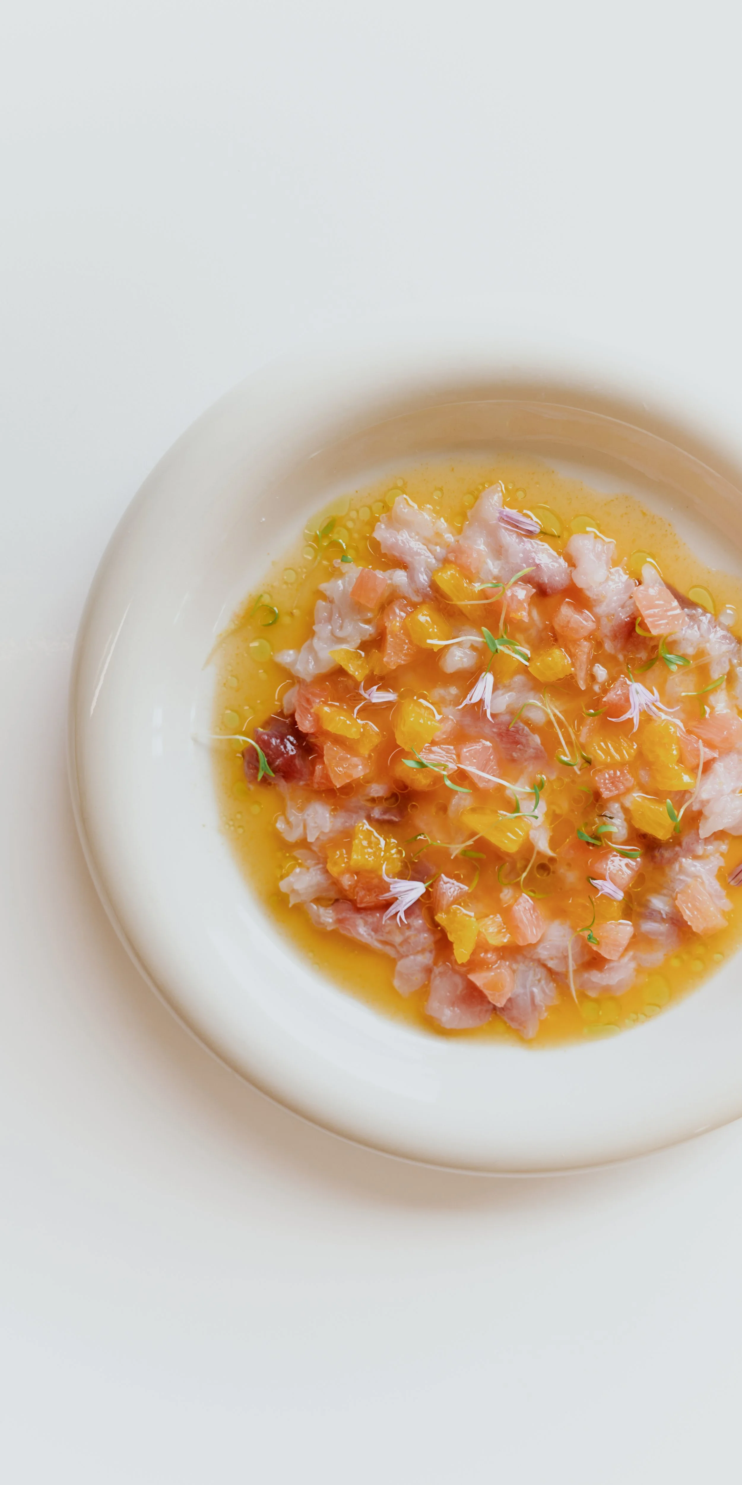 Carpaccio de poisson avec des herbes et une sauce à l'huile dans une assiette blanche