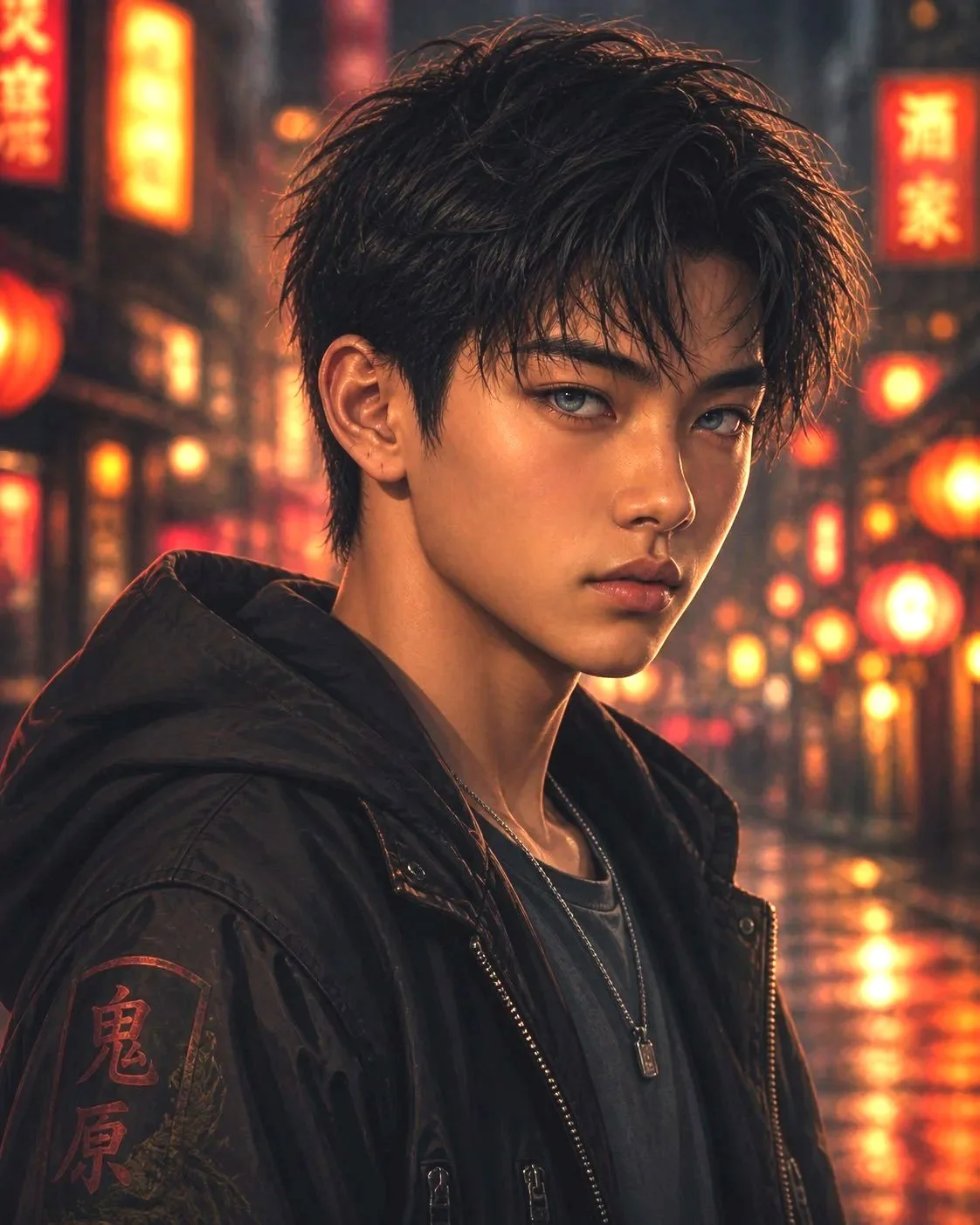 Young man with wet hair and piercing blue eyes wearing a black jacket and necklace, standing in a street illuminated by red and orange lanterns at night.