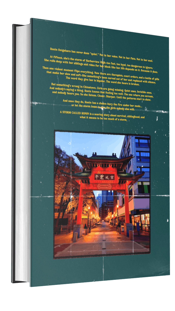 Book cover featuring an image of a traditional Chinese archway on a city street during sunset, with text describing a story about survival and a storm called Ronin.