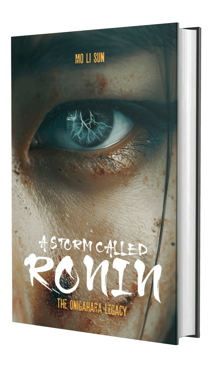 Book cover titled "A Storm Called Ronin: The Onigahara Legacy" by Mo Li Sun, featuring an extreme close-up of a human eye with lightning reflected in the iris, and a dark, textured background.