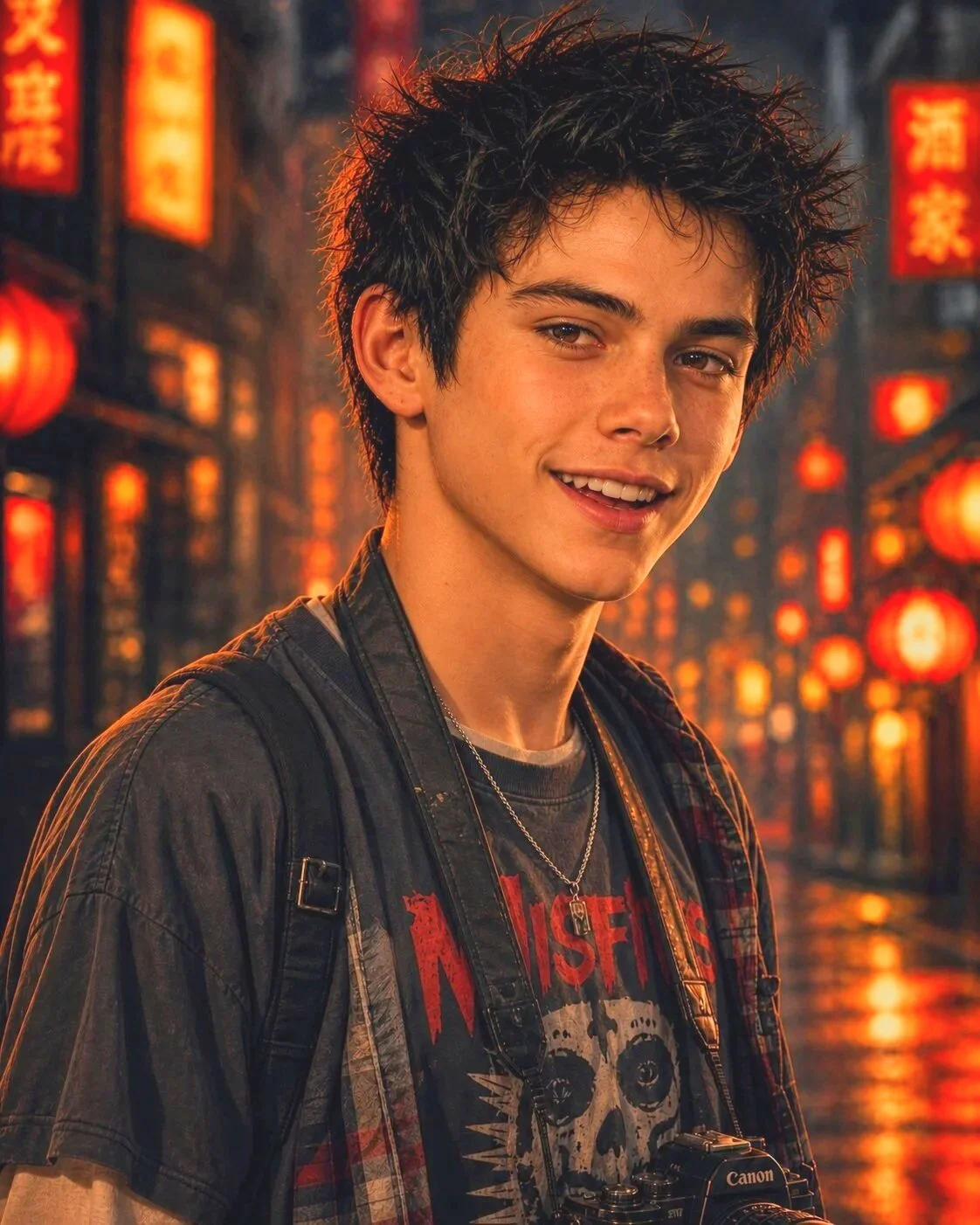 A young man with dark, spiky hair smiling in front of a background of glowing red and orange lanterns in an Asian street scene.