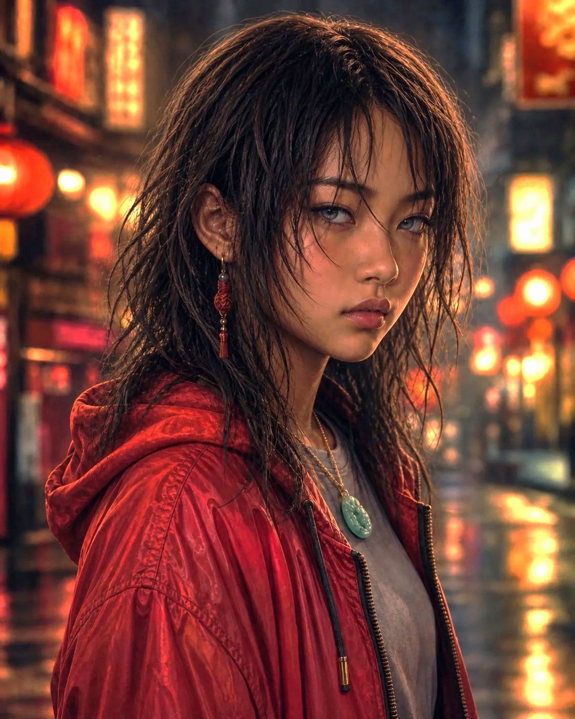 A young woman with wet hair and light makeup standing in a vibrant, rainy urban street illuminated by red lanterns in the background, wearing a red jacket and a jade pendant necklace.